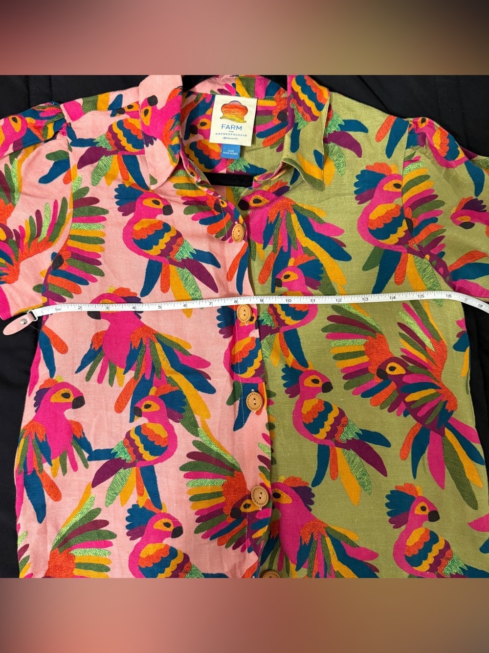 🦋 FARM Rio x Anthropologie| Parrot Print Linen Blend Button Down Shirt XXS - Picture 6 of 10